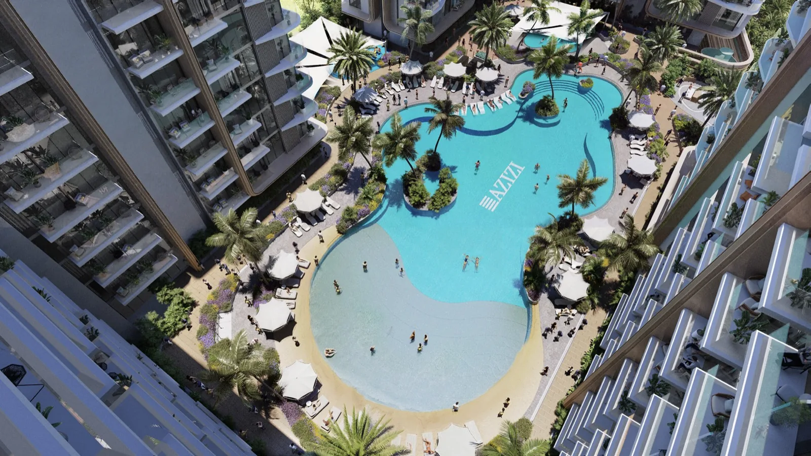Aerial view of the expansive beach-style pool and tropical landscaping at Azizi Jaddaf Beach Oasis