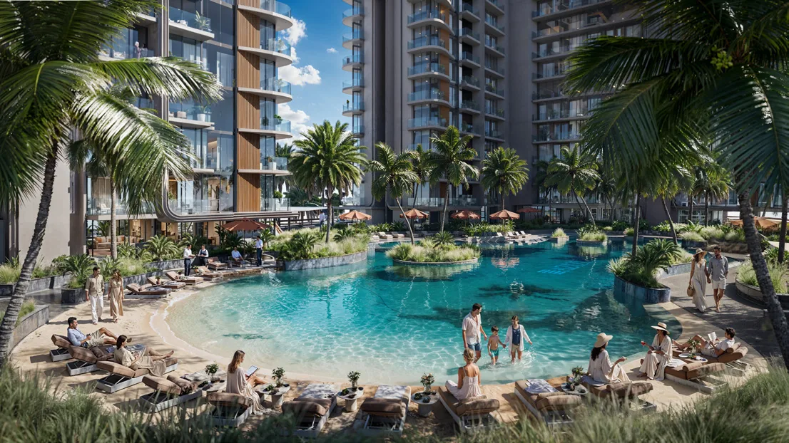 Azizi Beach Oasis central beach-style pool with palm trees and luxury residential towers