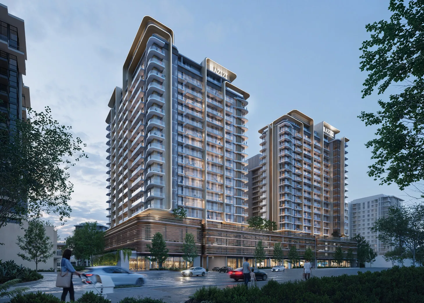 Azizi Jaddaf Beach Oasis twin tower exterior with modern architectural design at dusk