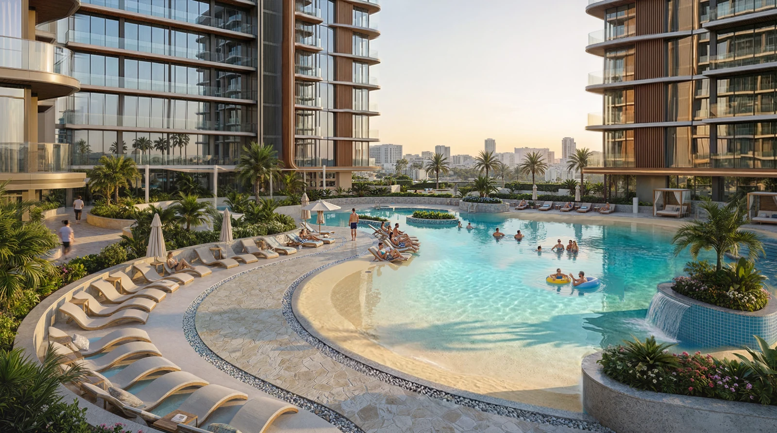 Azizi Jaddaf Beach Oasis resort-style pool surrounded by modern residential towers in Al Jaddaf, Dubai